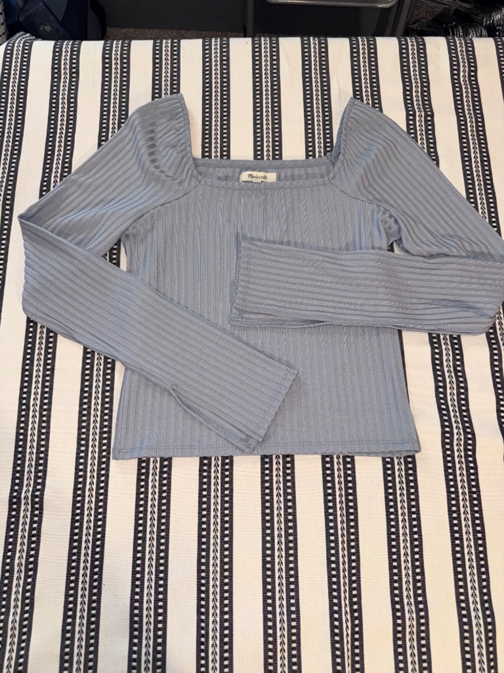 NWT, Madewell Ribbed Fitted Slate Blue Long-Sleeved Top, Off-The-Shoulder, M - Picture 10 of 12